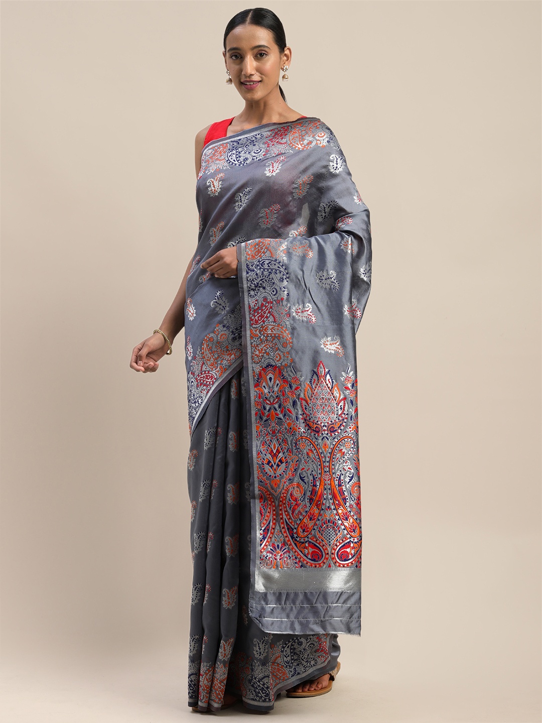 

Shaily Grey & Silver-Toned Woven Design Saree