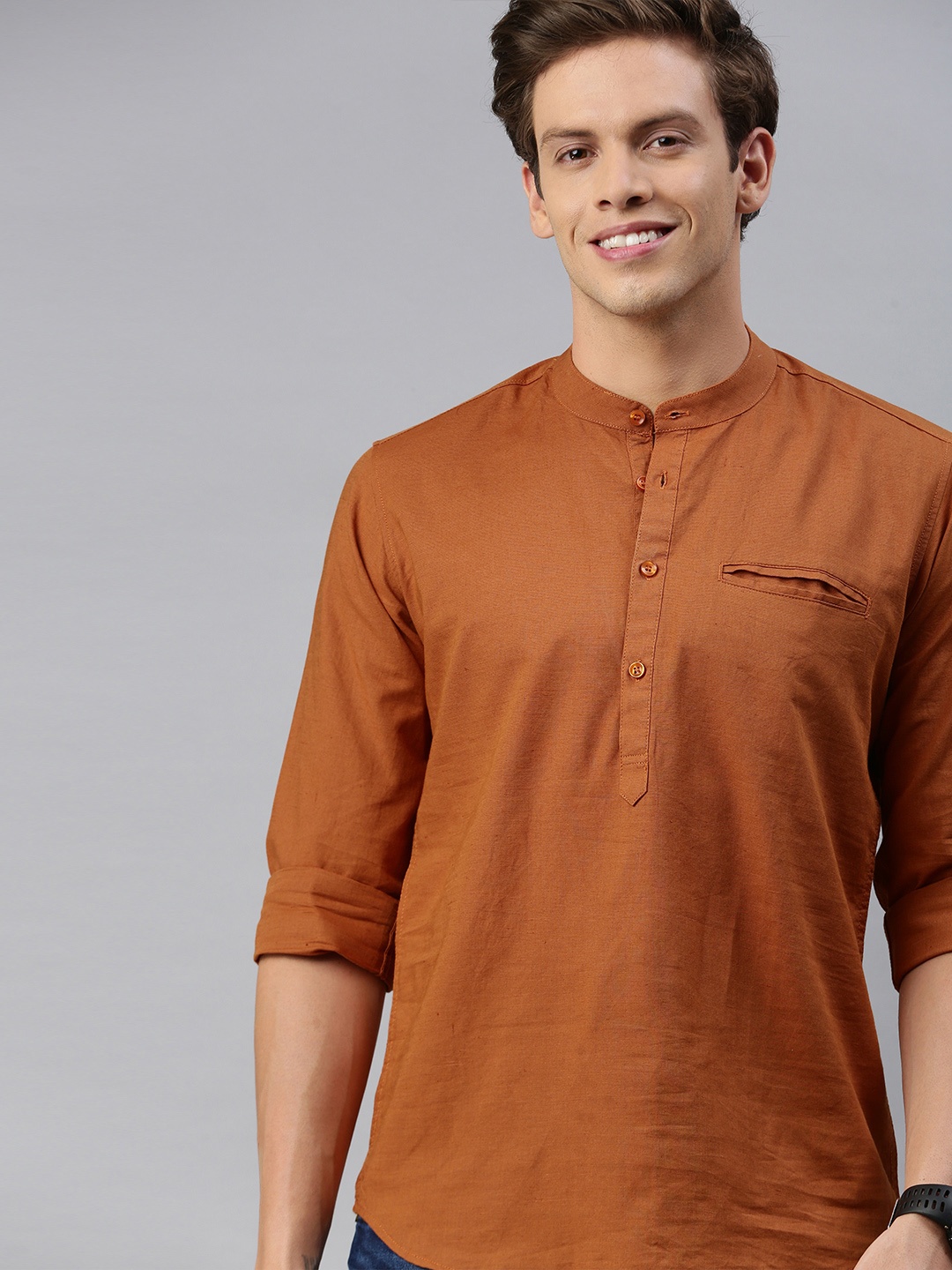 

Mast & Harbour Men Rust Orange Slim Fit Solid Casual Cotton-Linen Shirt
