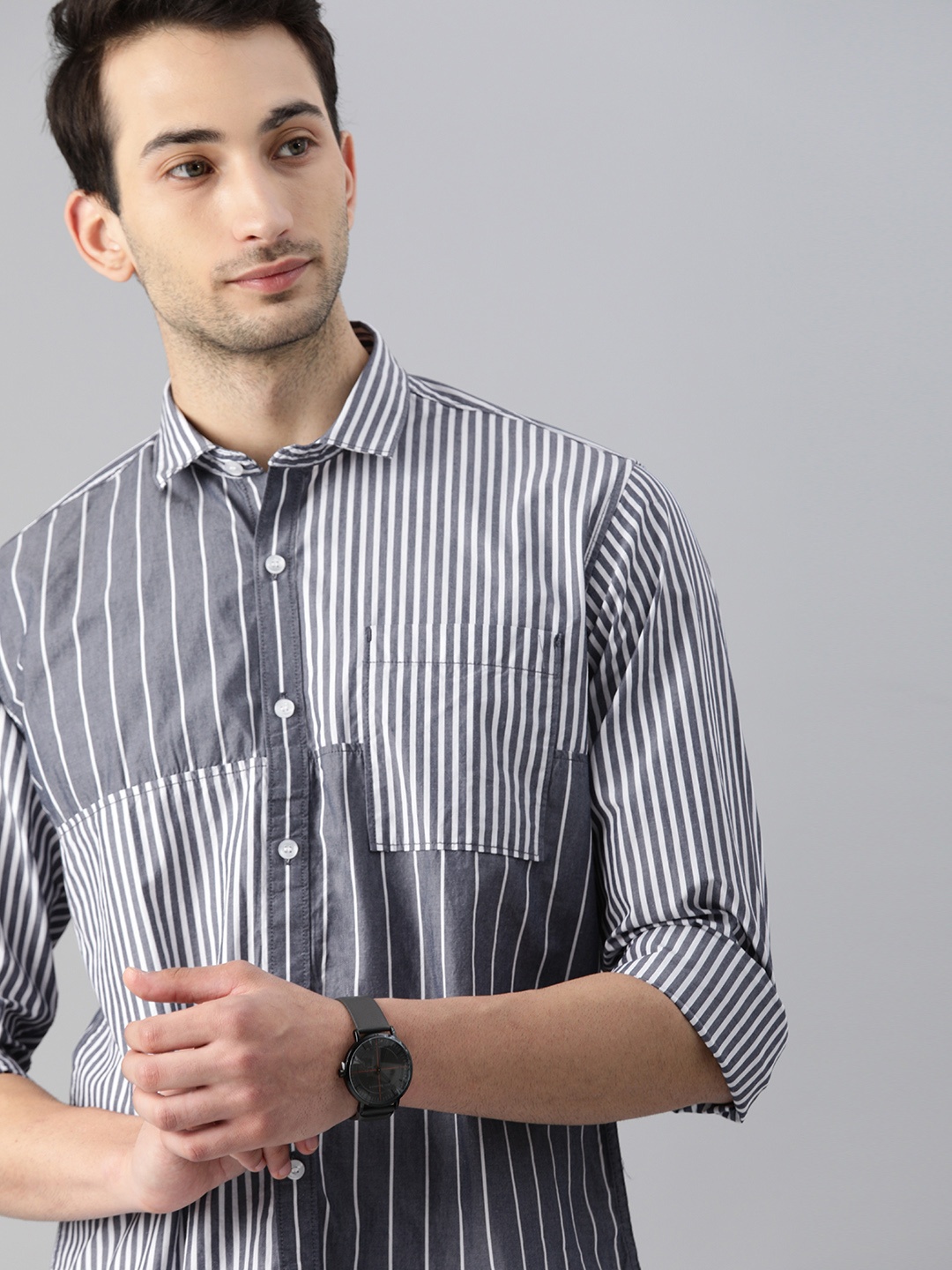 

Mast & Harbour Men Navy Blue & White Striped Casual Shirt