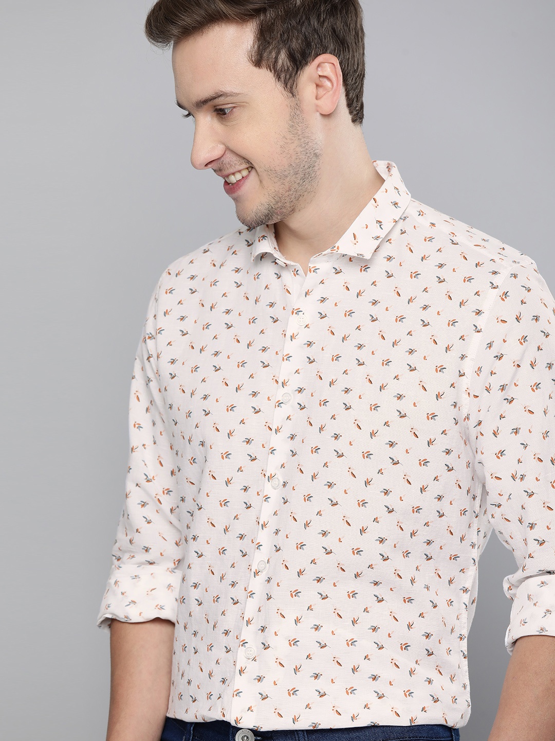 

Mast & Harbour Men White Printed Sustainable Casual Cotton Linen Shirt