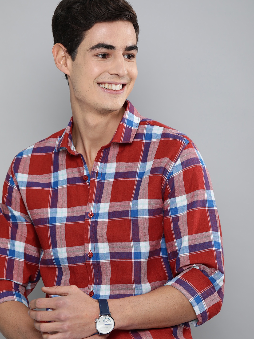 

Mast & Harbour Men Maroon & Blue Regular Fit Checked Casual Cotton-Linen Shirt