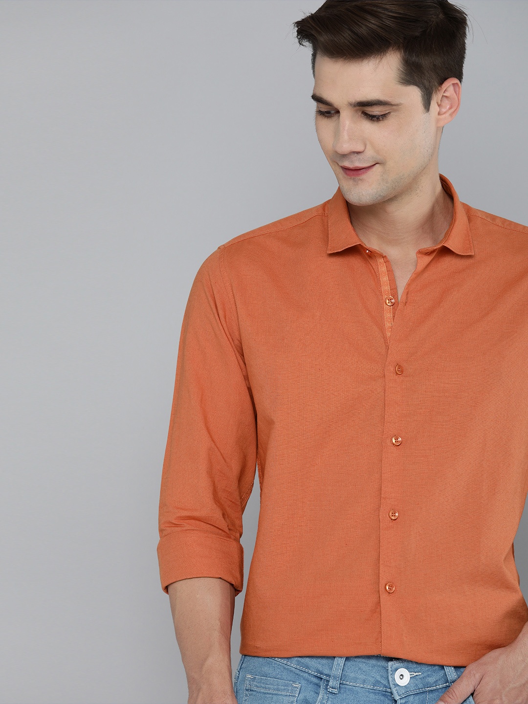 

Mast & Harbour Men Orange Solid Cotton Linen Casual Shirt