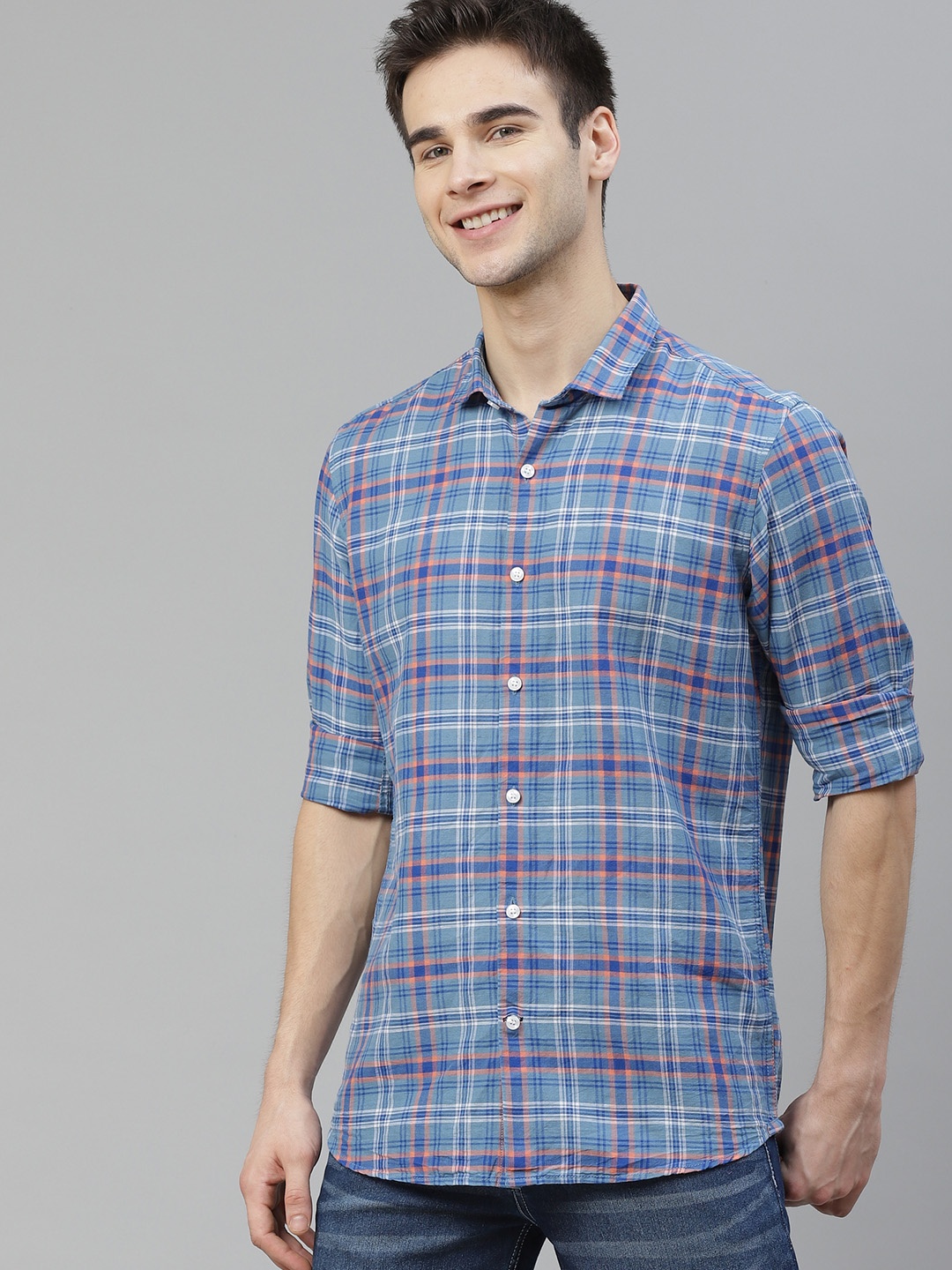

Mast & Harbour Men Blue & Pink Regular Fit Checked Casual Cotton Linen Sustainable Shirt
