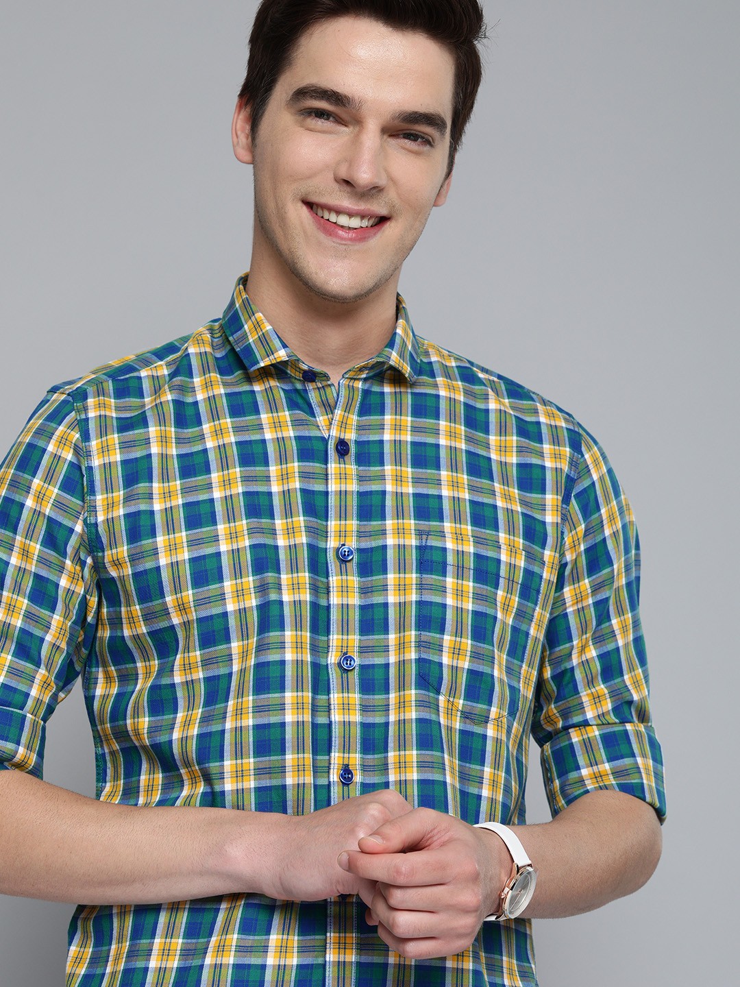 

Mast & Harbour Men Yellow & Blue Tartan Checks Pure Cotton Casual Sustainable Shirt