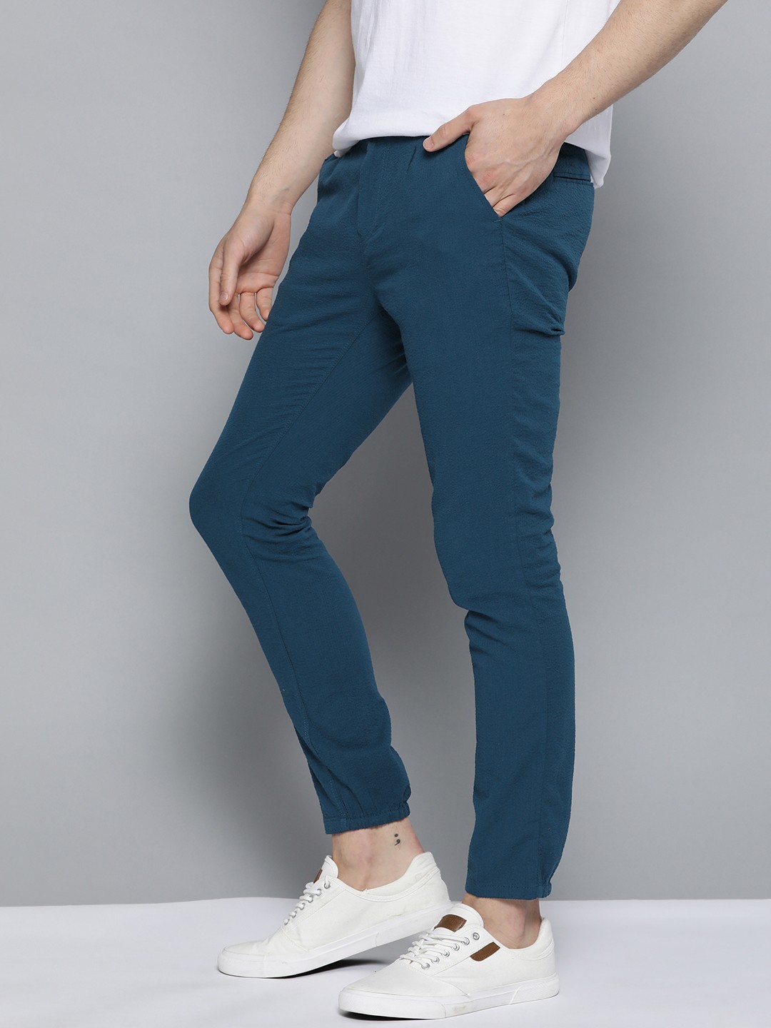 

Mast & Harbour Men Teal Blue Pure Cotton Regular Fit Self-Design Joggers
