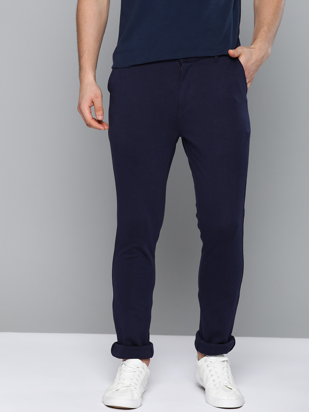 

Mast & Harbour Men Navy Blue Regular Fit Pure Cotton Solid Regular Trousers