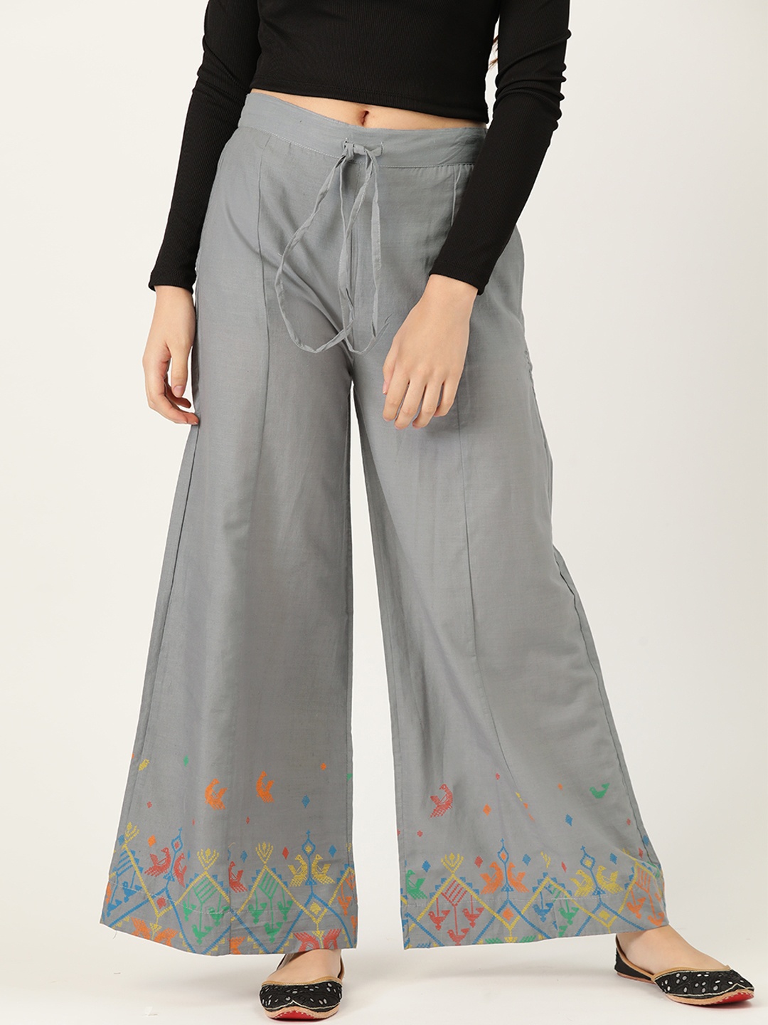 

Sangria Women Grey Solid Pure Cotton Knitted Wide Leg Palazzos