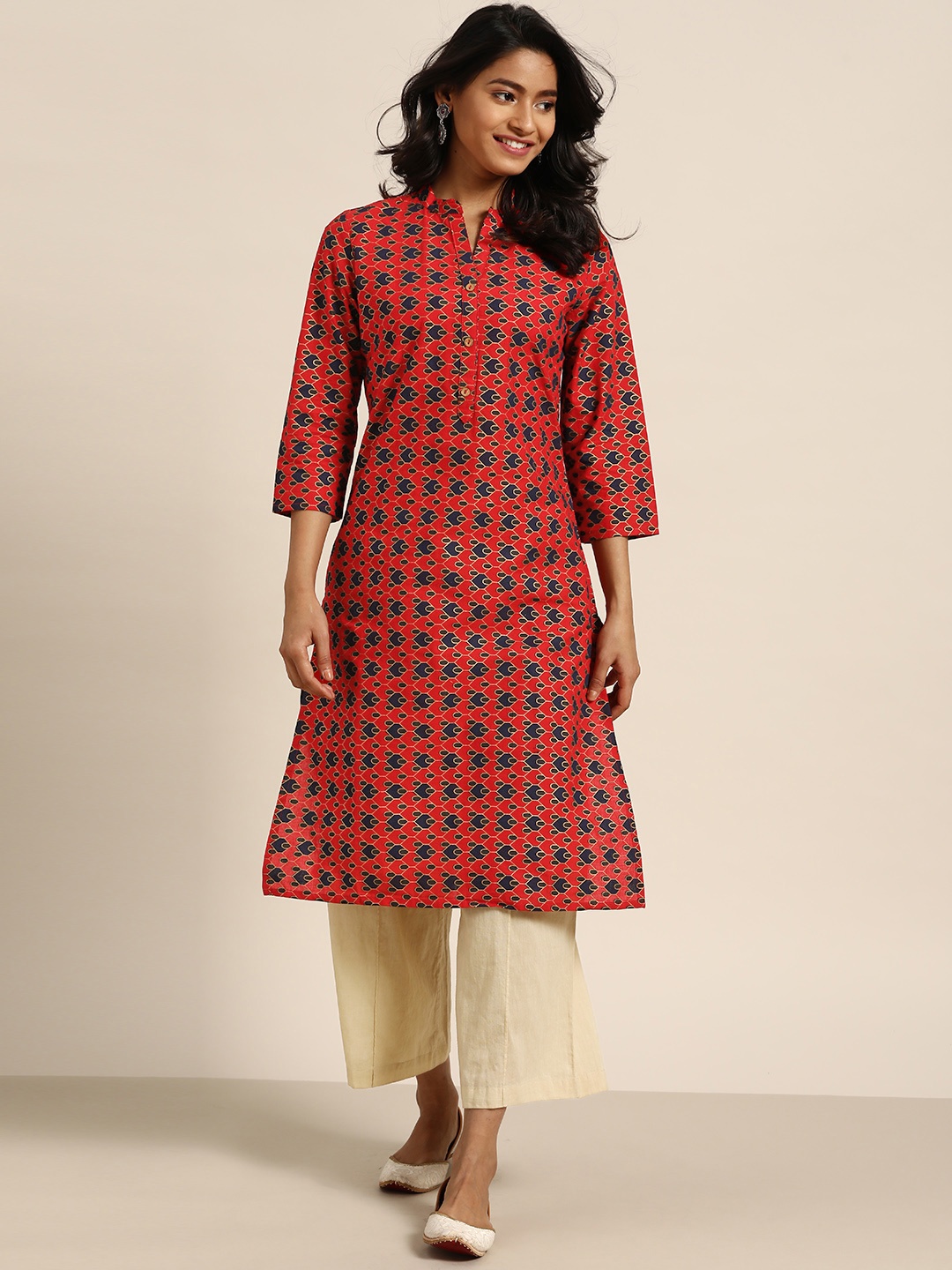 

Sangria Women Red & Navy Blue Geometric Printed Pure Cotton Kurta