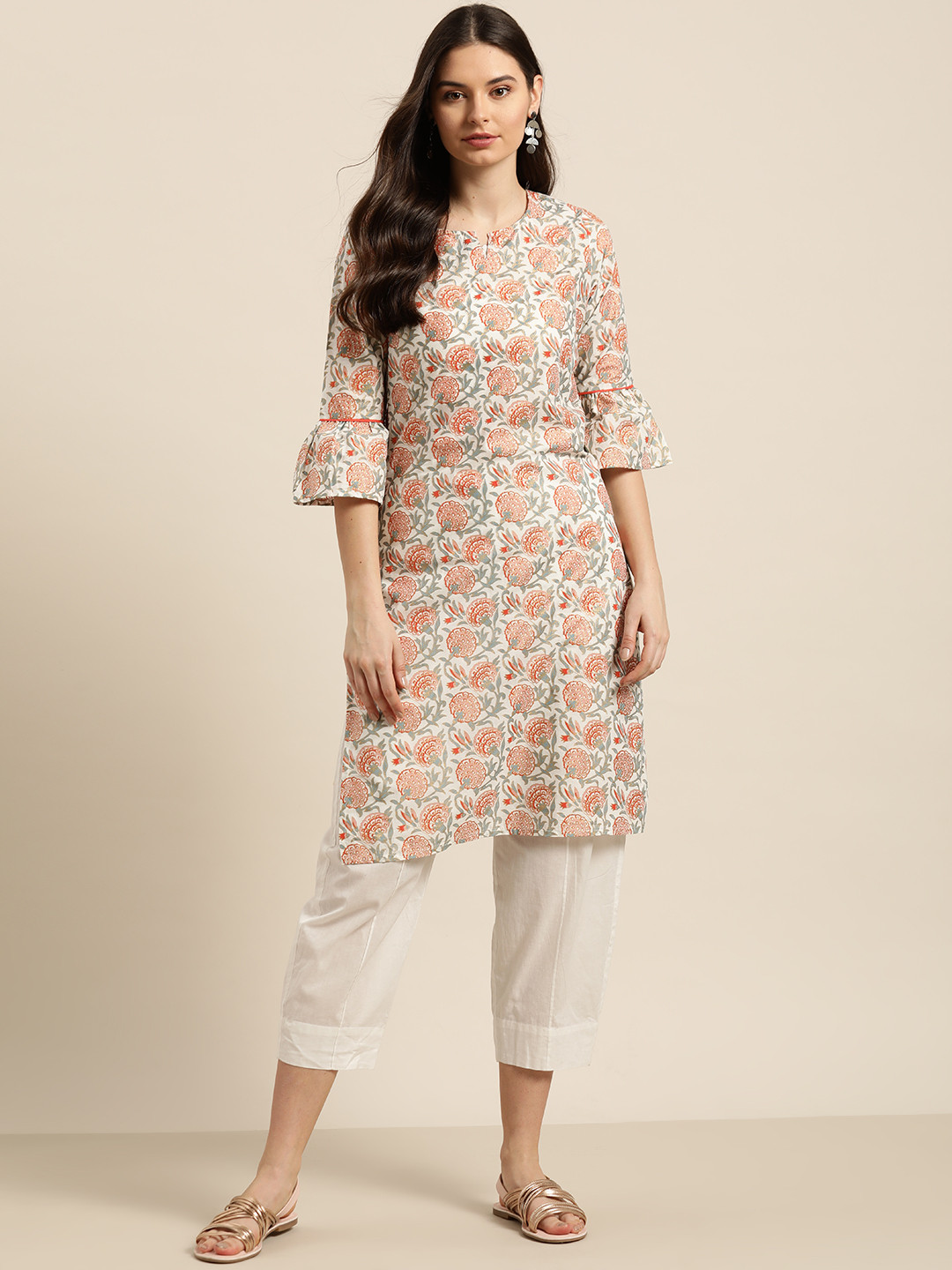 

Sangria Women White & Peach-Coloured Pure Cotton Printed Straight Kurta