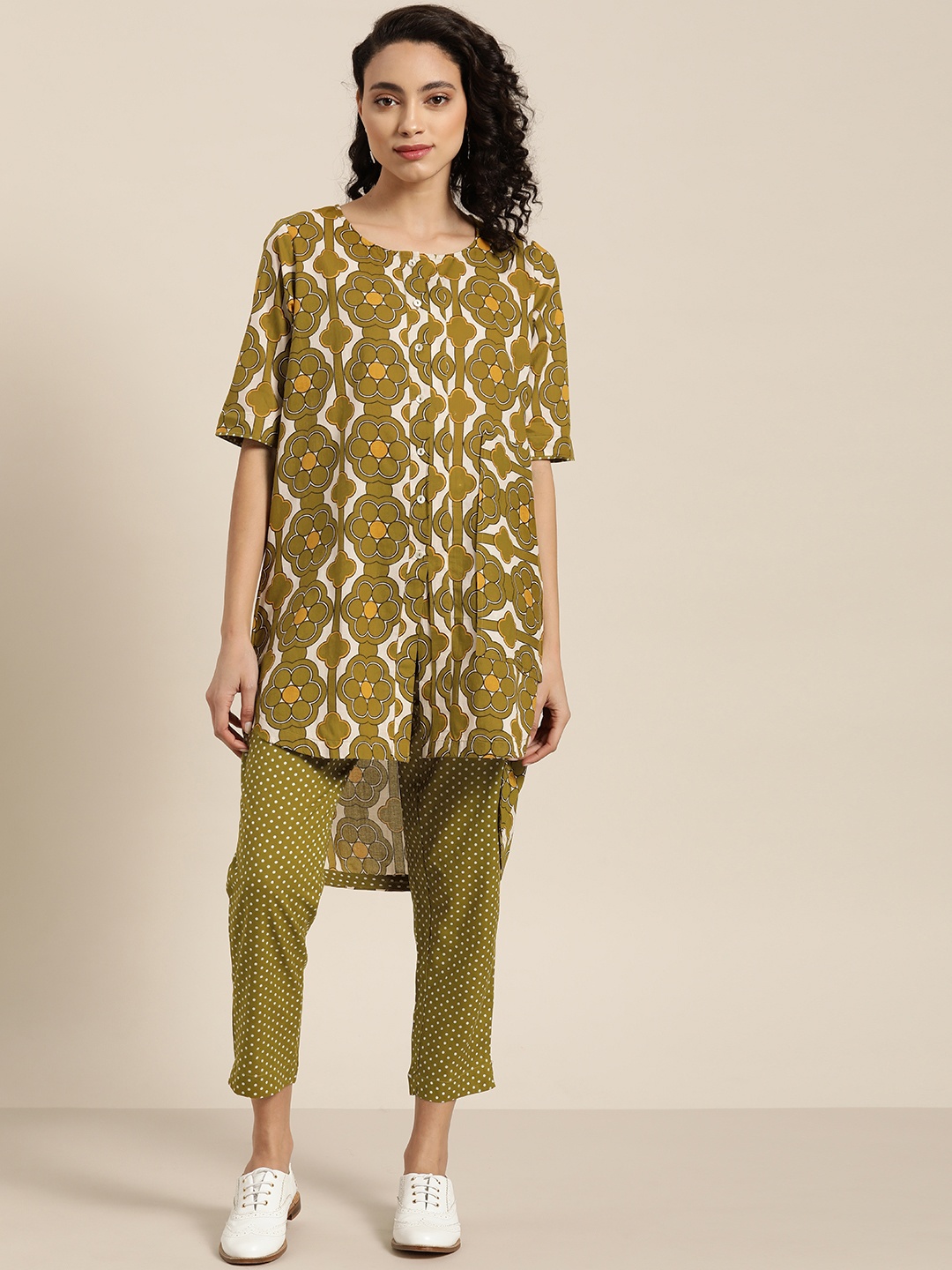 

Sangria Women Olive Green & White Printed High-Low Pure Cotton Kurta with Trousers