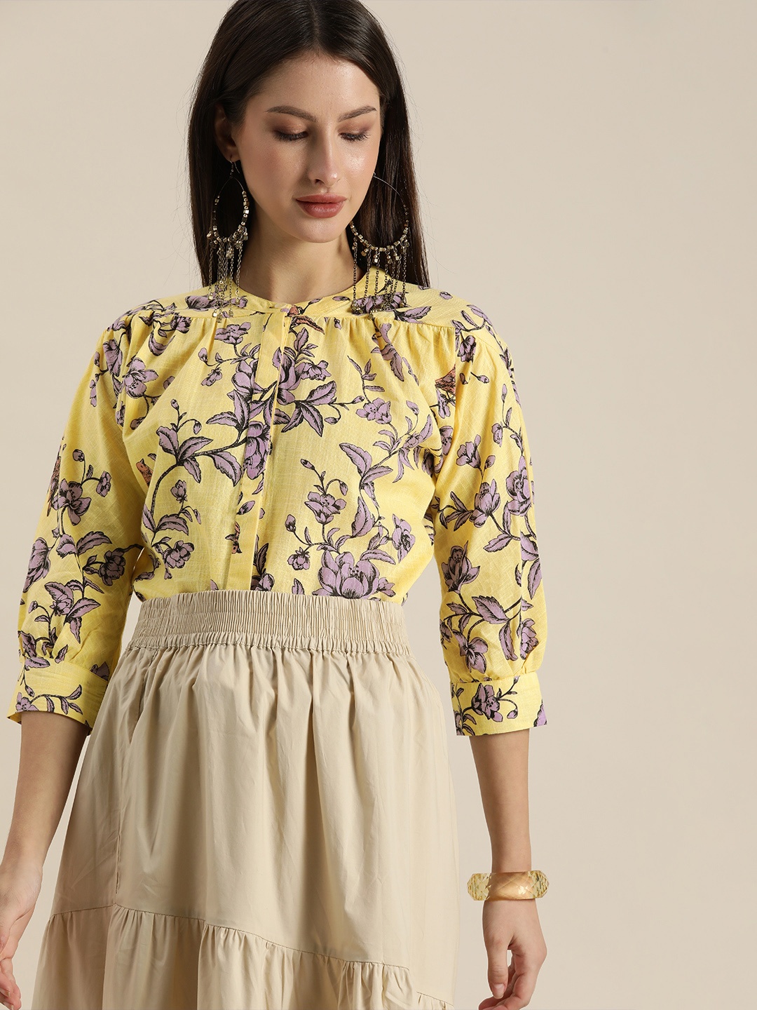 

Sangria Yellow & Purple Floral Shirt Style Top