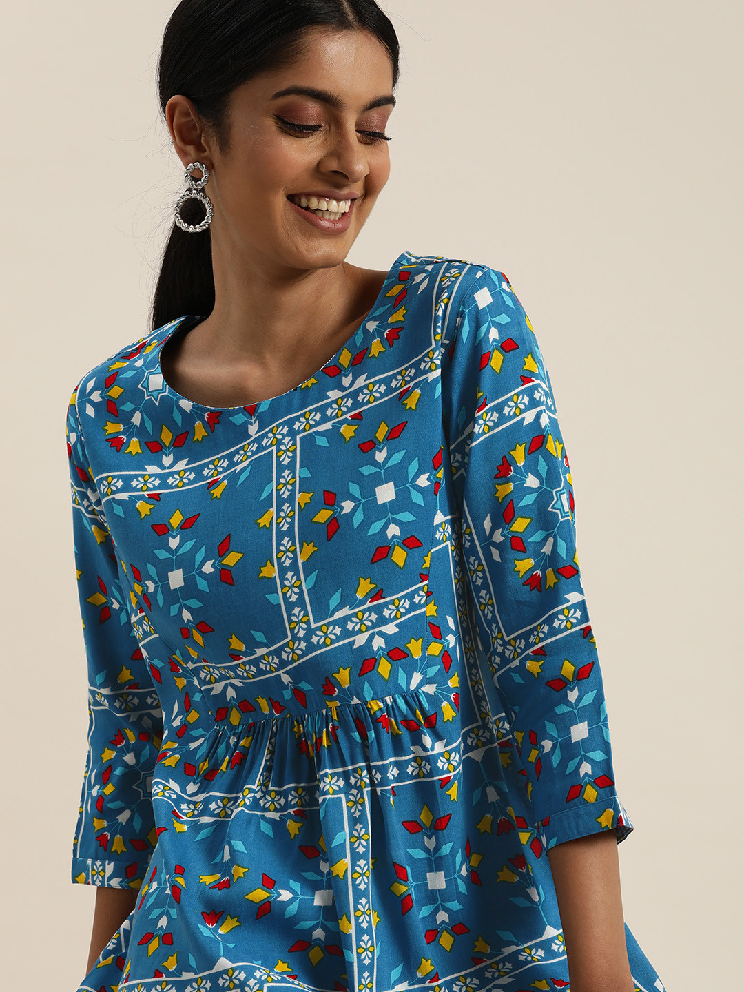 

Sangria Blue Ethnic Motifs Printed A-Line Fusion Top
