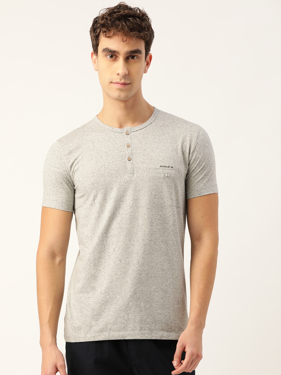 

Sweet Dreams Men Grey Melange Solid Henley Neck Lounge T-shirt