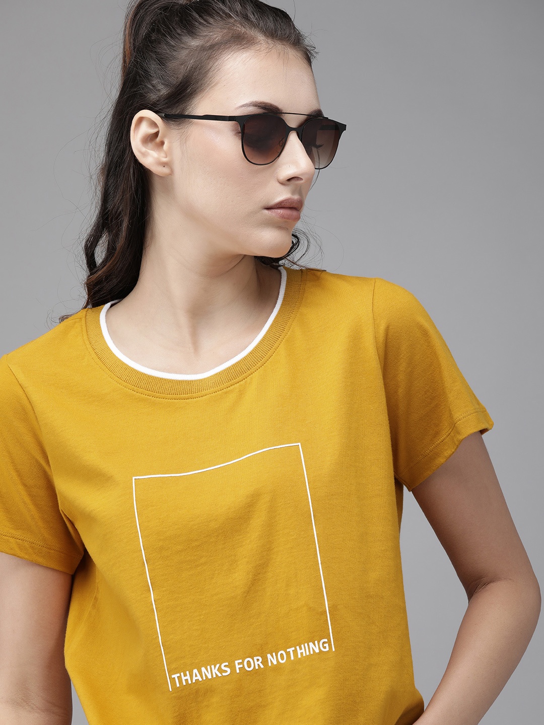 

The Roadster Lifestyle Co Women Mustard Solid Round Neck Pure Cotton T-shirt
