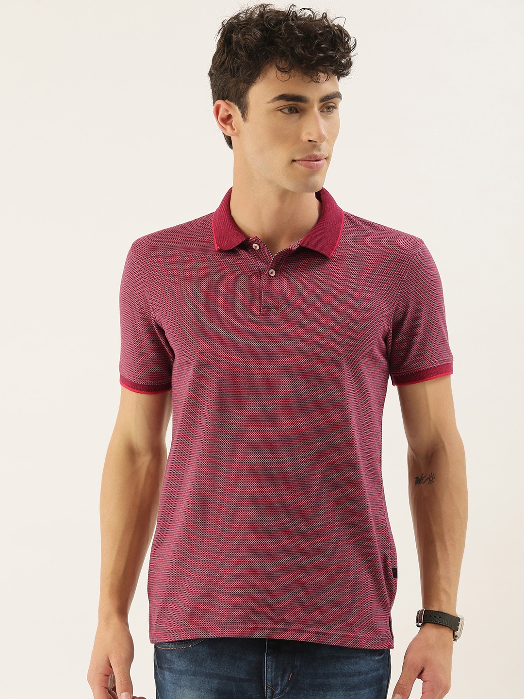 

Peter England Casuals Men Maroon Self Design Polo Collar T-shirt