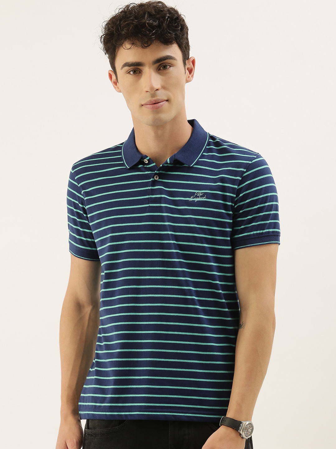

Peter England Men Navy Blue & Sea Green Striped Polo Collar T-shirt