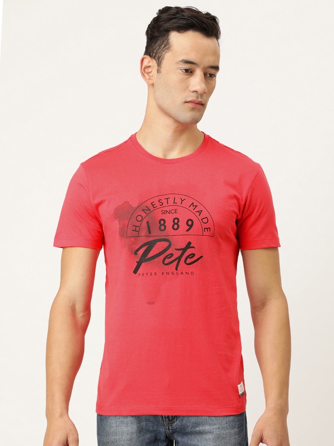 

Peter England Casuals Men Pink Printed Round Neck T-shirt