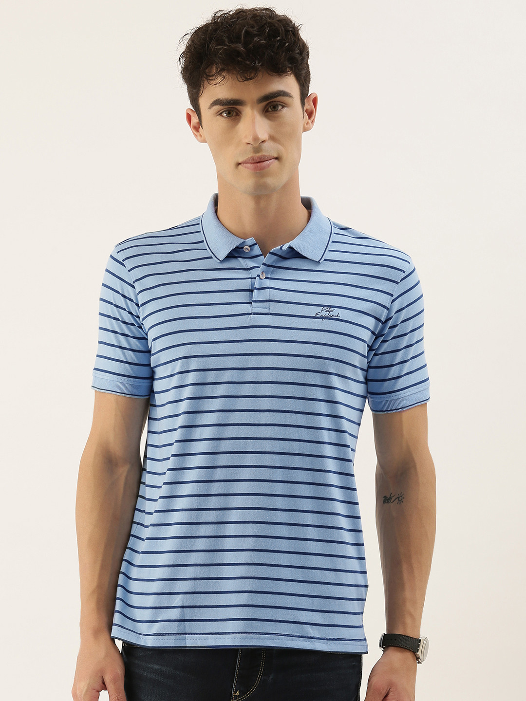 

Peter England Men Blue Striped Polo Collar T-shirt