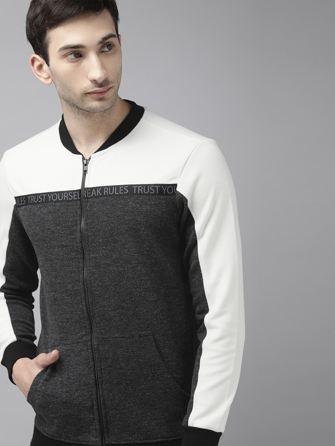 

SPYKAR Men Charcoal Grey & White Colourblocked Sweatshirt