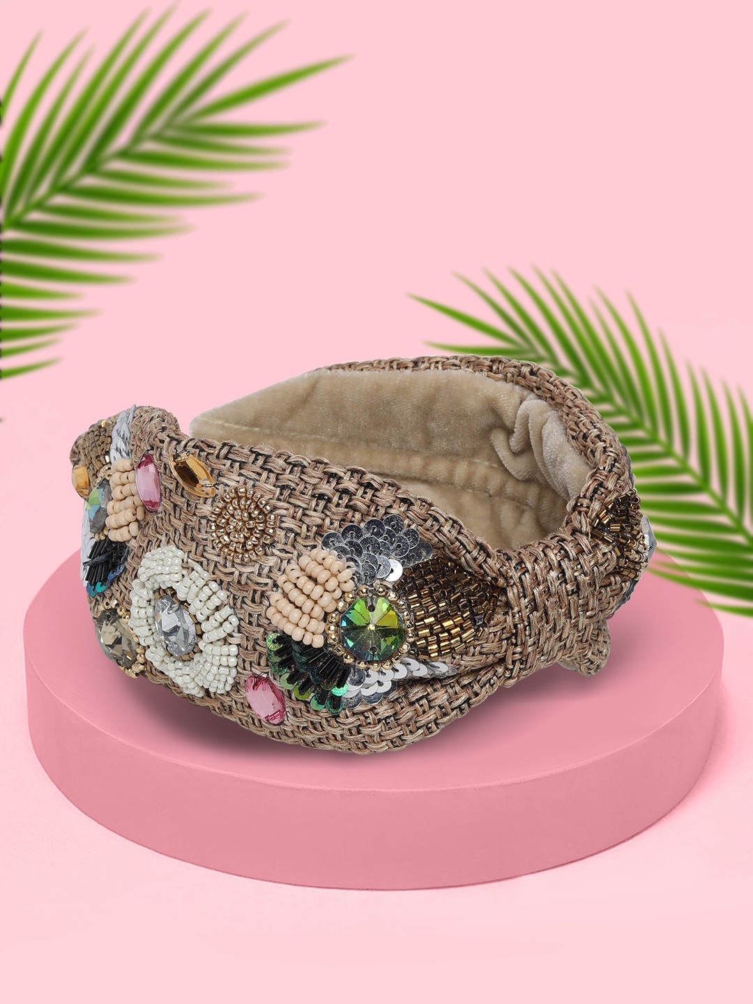 

Blueberry Women Beige Embellished Jute Hairband
