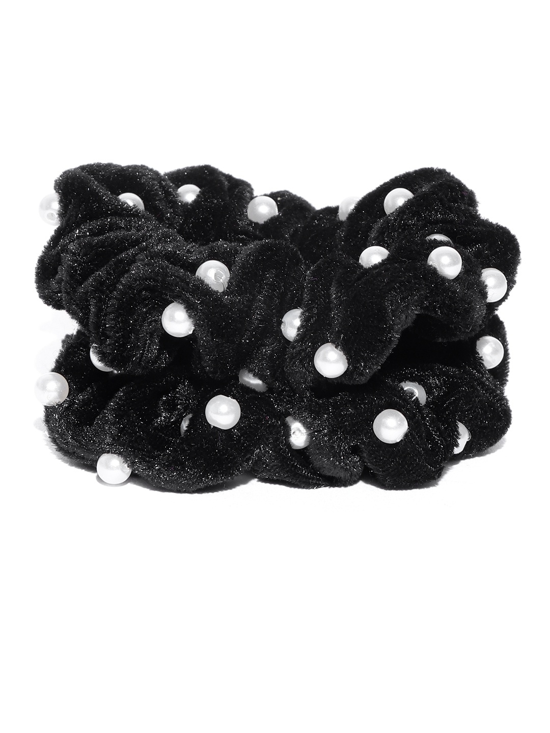 

Blueberry Women Set of 2 Black & Off-White Velvet Finish Beaded Scrunchies