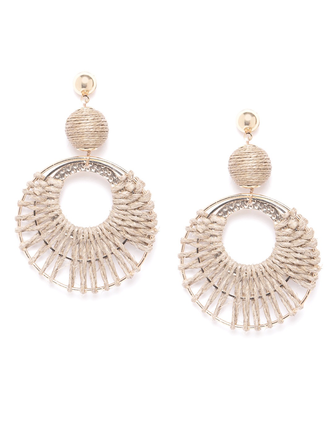 

Blueberry Beige Gold-Plated Jute Detail Handcrafted Circular Drop Earrings
