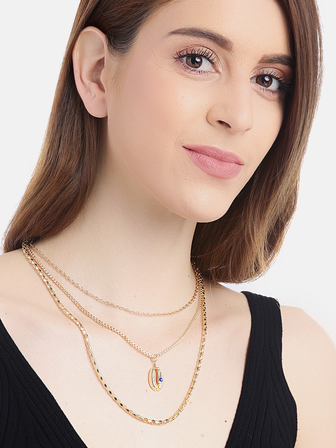 

Blueberry Blue Gold-Plated Evil Eye Enamelled & Shell Detail Layered Handcrafted Necklace