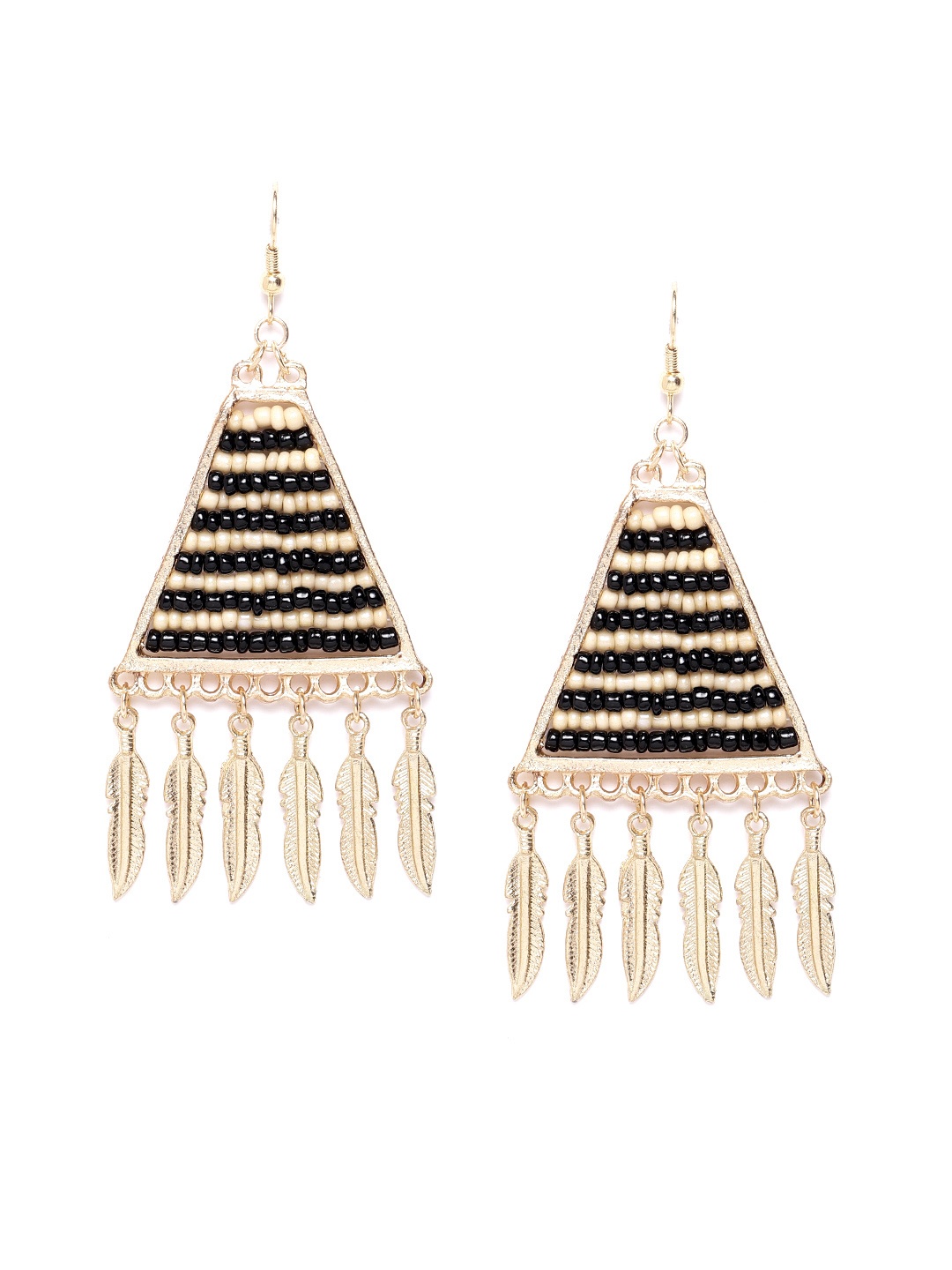 

Blueberry Black & Beige Gold-Plated Beaded Handcrafted Triangular Drop Earrings