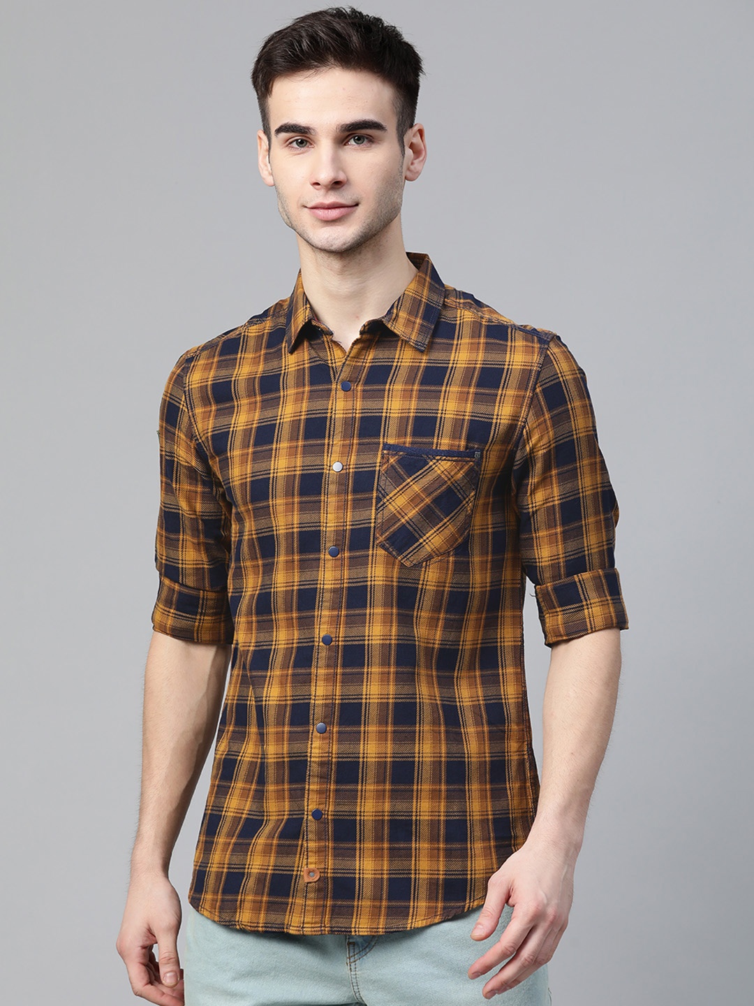 

SPYKAR Men Mustard Yellow & Navy Blue Slim Fit Pure Cotton Tartan Checks Casual Shirt