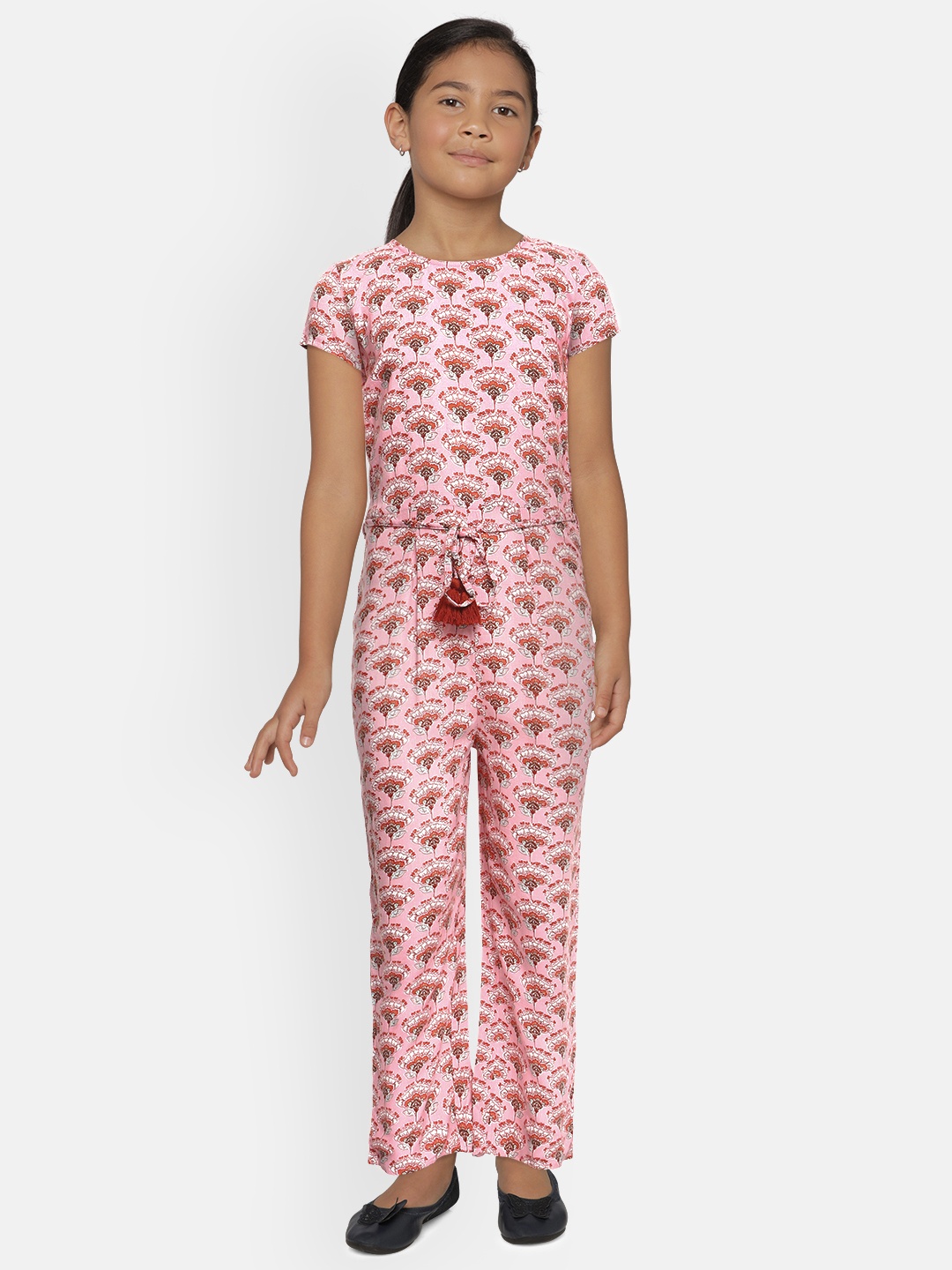 

Global Desi Girls Pink Floral Printed Basic Jumpsuit