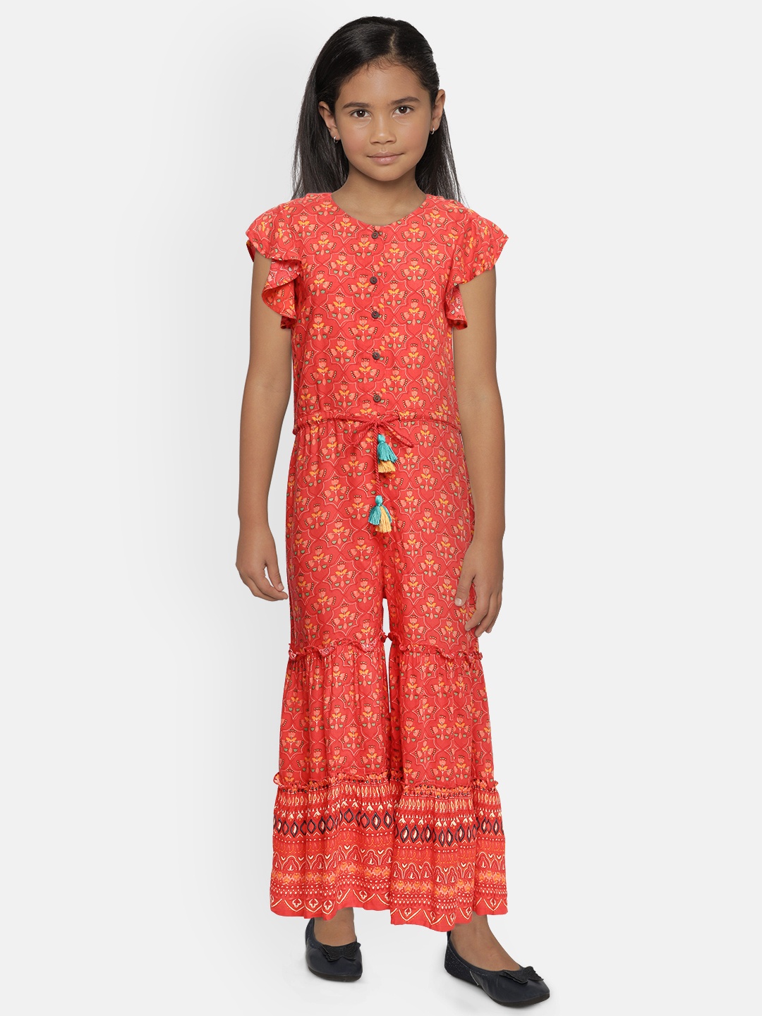 

Global Desi Girls Orange Floral Printed Basic Jumpsuit