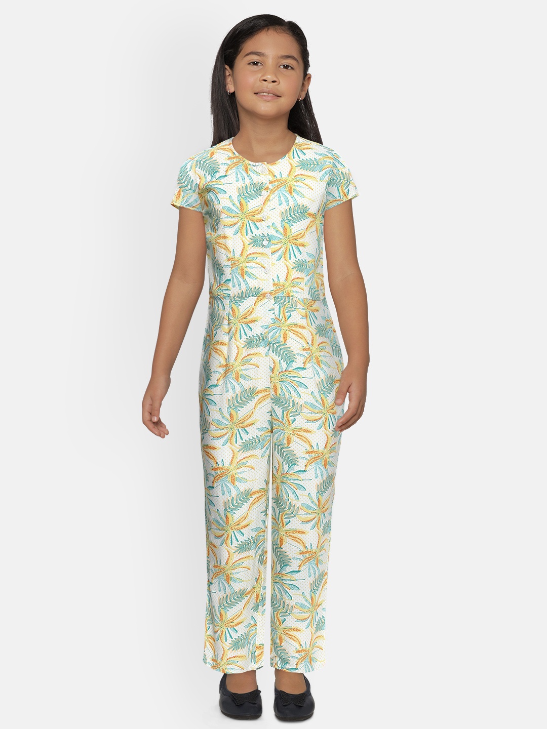 

Global Desi Girls Off-White & Blue Printed Basic Jumpsuit