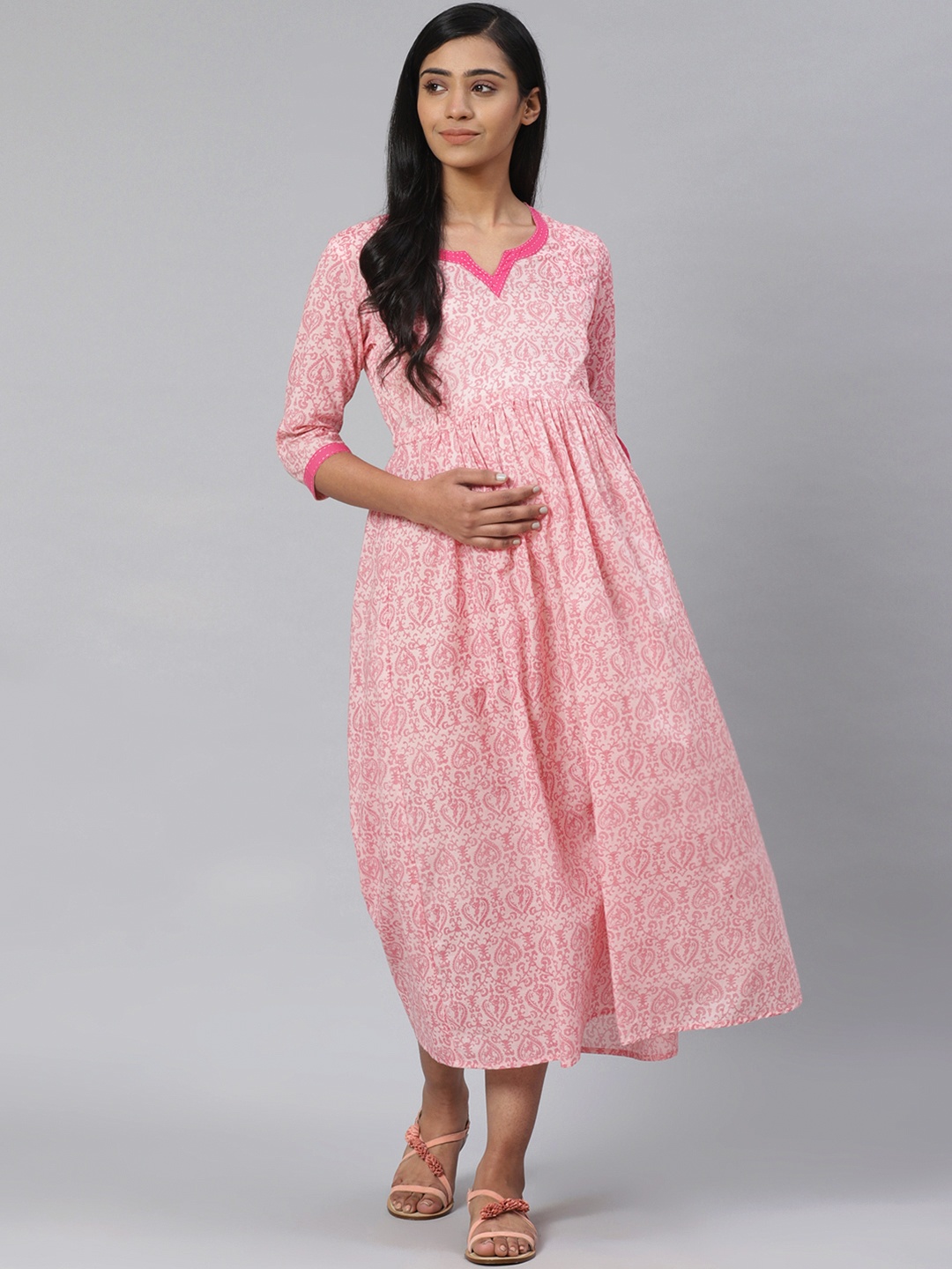 

anayna Women Pink Printed Pure Cotton Maternity A-Line Dress