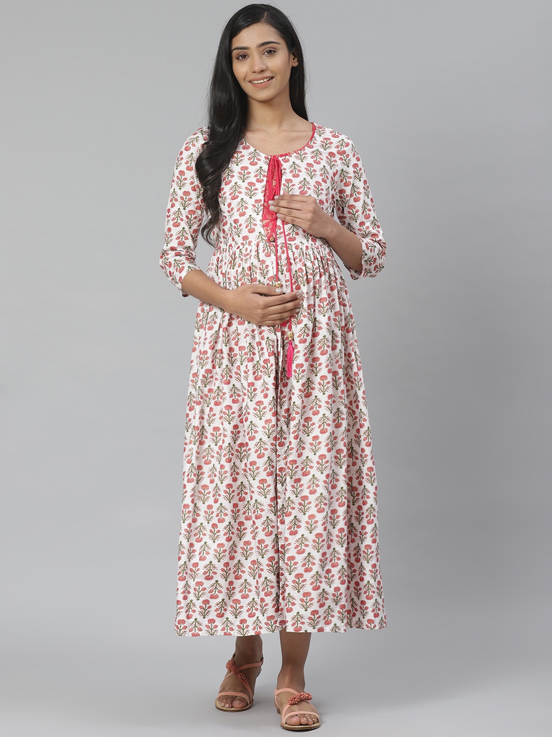 

anayna Women White & Pink Pure Cotton Printed Maternity Layered A-Line Dress