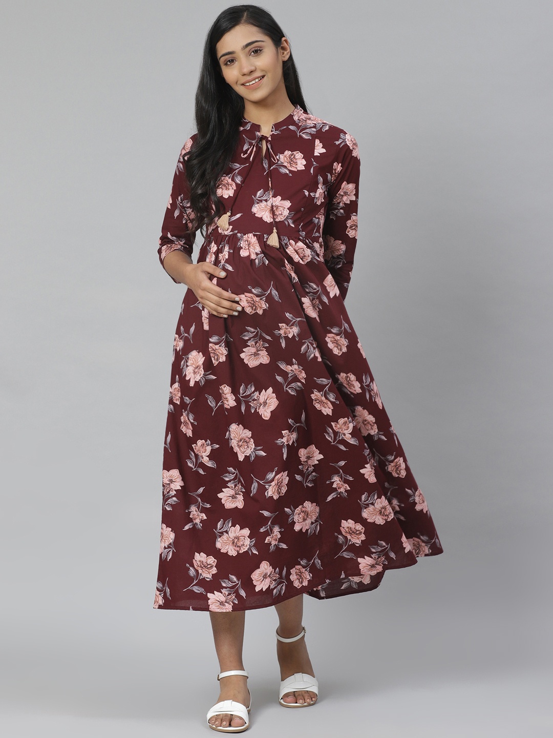 

anayna Women Burgundy & Pink Floral Printed Pure Cotton Maternity A-Line Dress