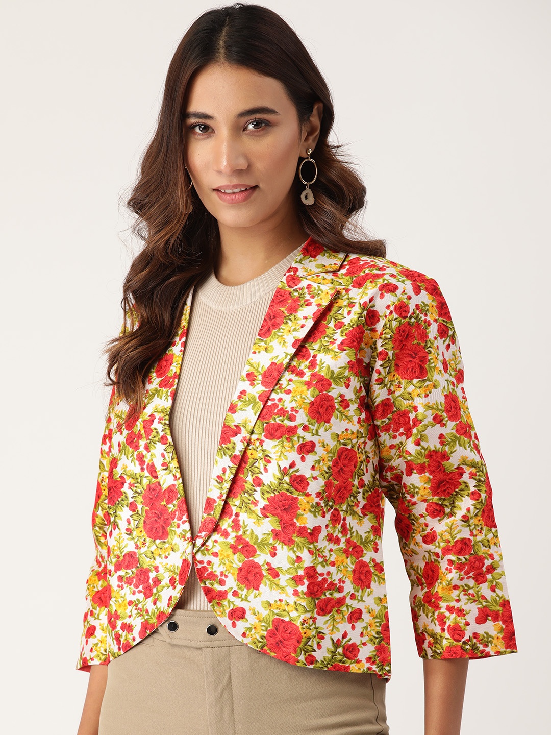 

Cottinfab Women White & Red Floral Print Lightweight Open Front Jacket