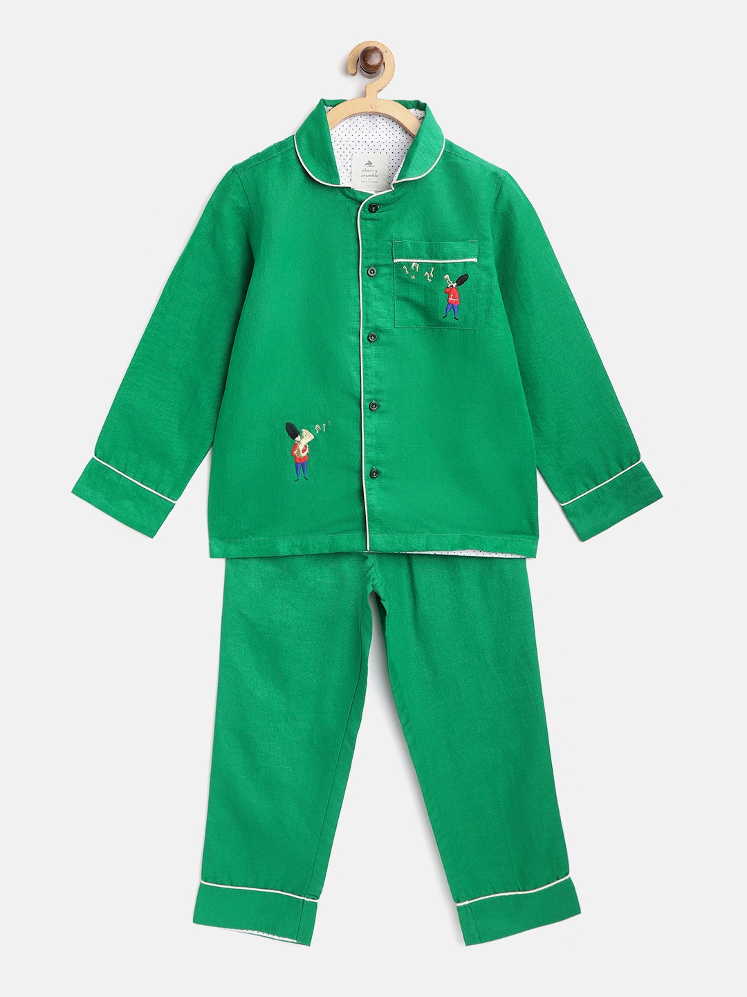 

Cherry Crumble Boys Green Solid Cotton Night suit