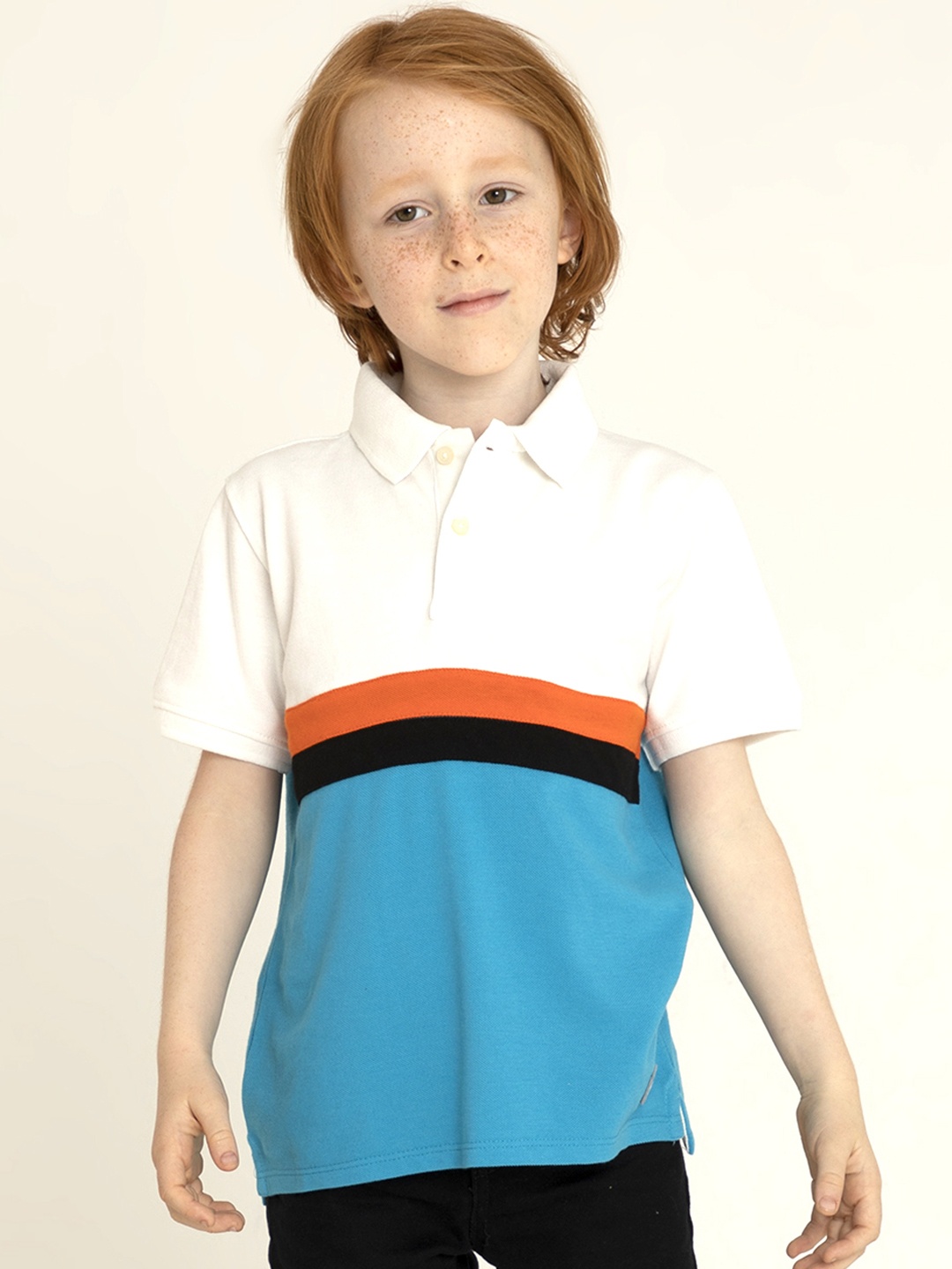 

Cherry Crumble Boys Blue & White Colourblocked Polo Collar T-shirt