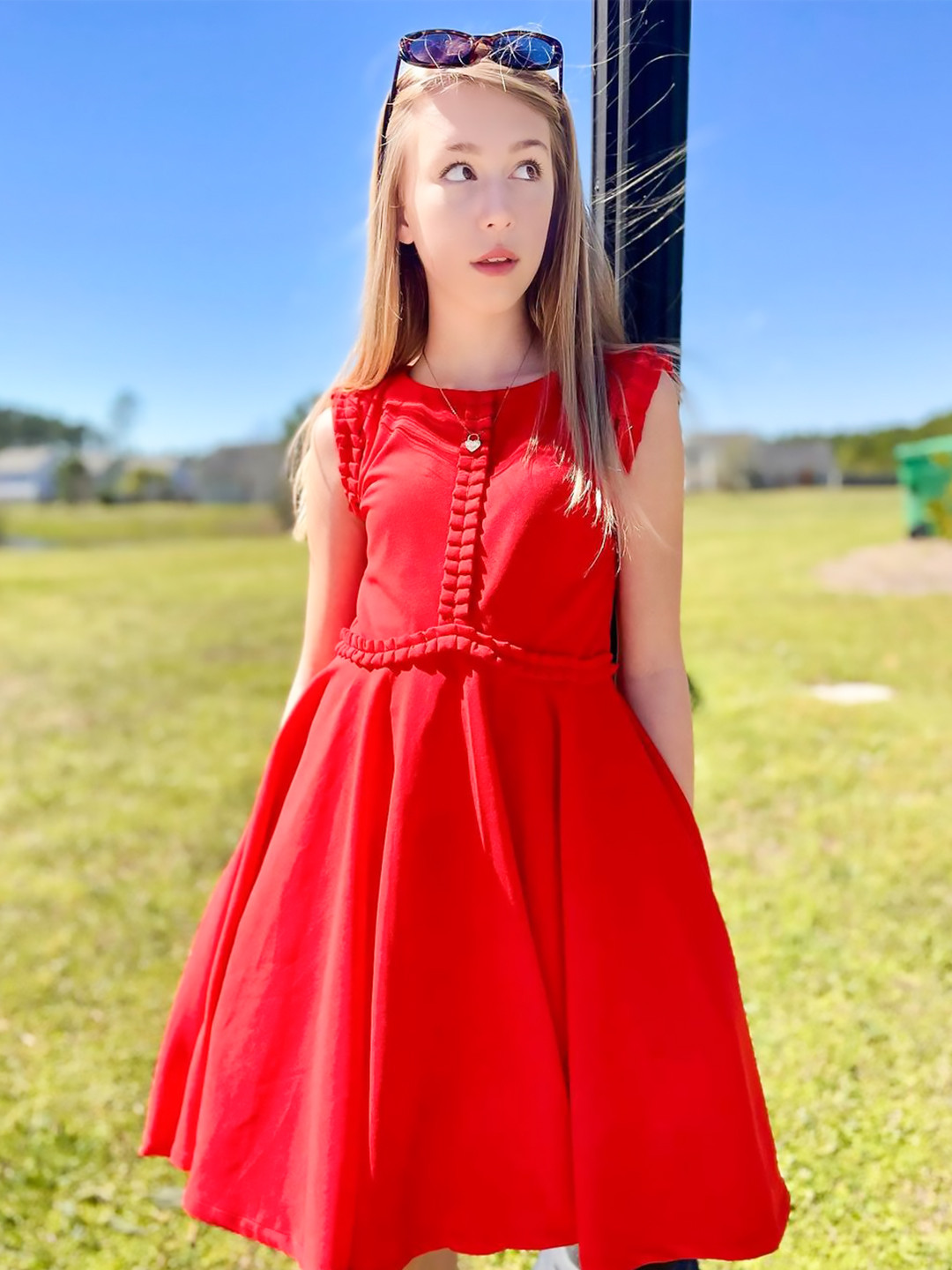 

Cherry Crumble Girls Red Solid Fit and Flare Dress