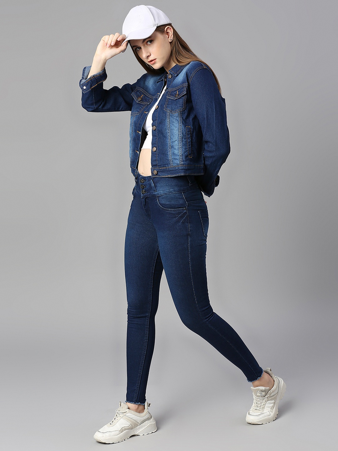 

High Star Women Navy Blue Washed Crop Denim Jacket