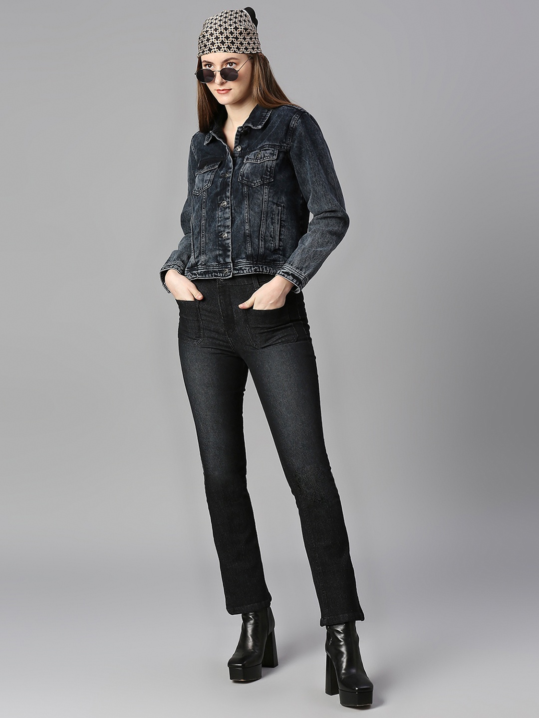 

High Star Women Charcoal Grey Washed Denim Jacket