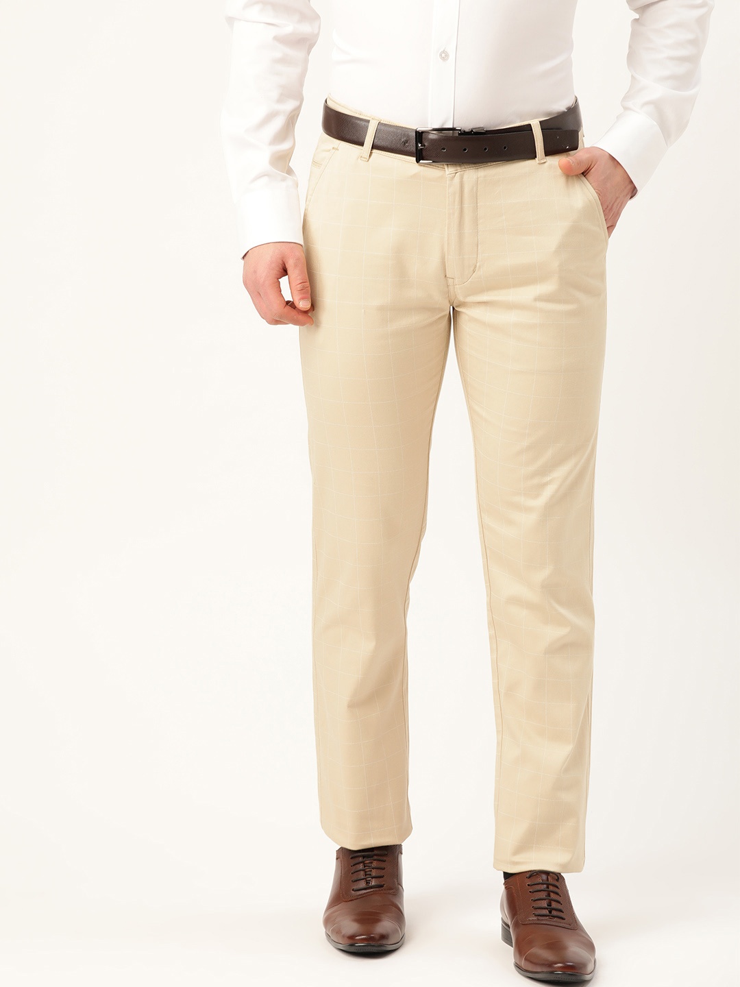 

Hancock Men Beige & White Original Slim Fit Checked Formal Trousers
