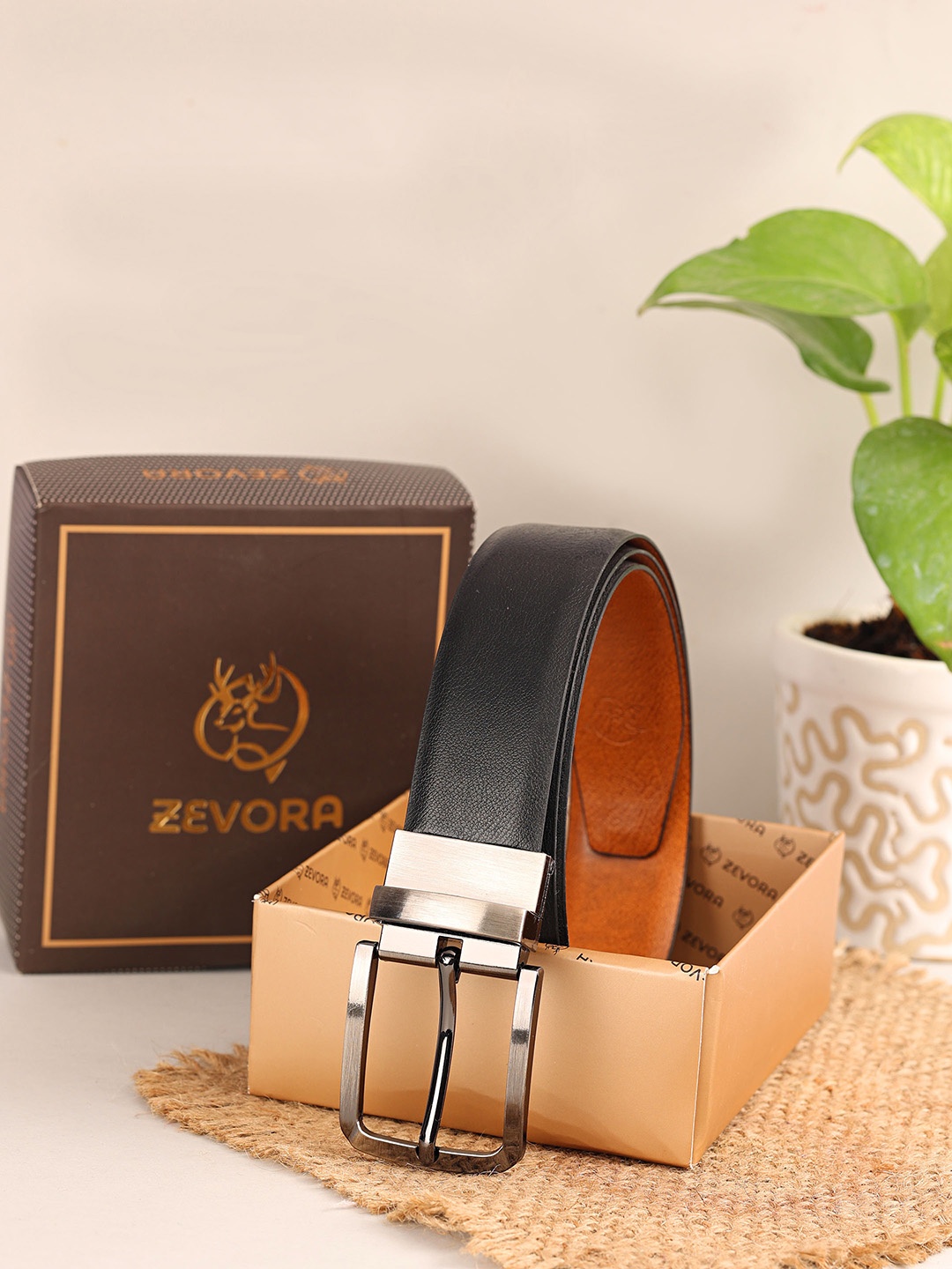 

ZEVORA Men Black & Tan Brown Solid Reversible Belt