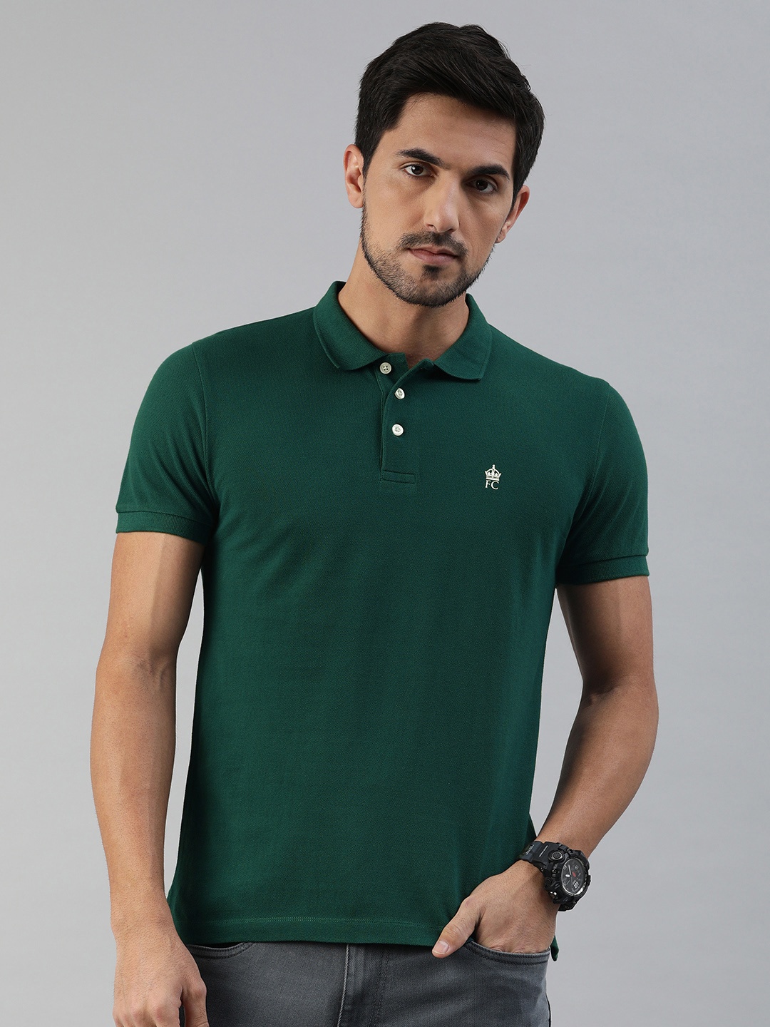 

French Connection Men Green Slim Fit Solid Polo Collar Pure Cotton T-shirt