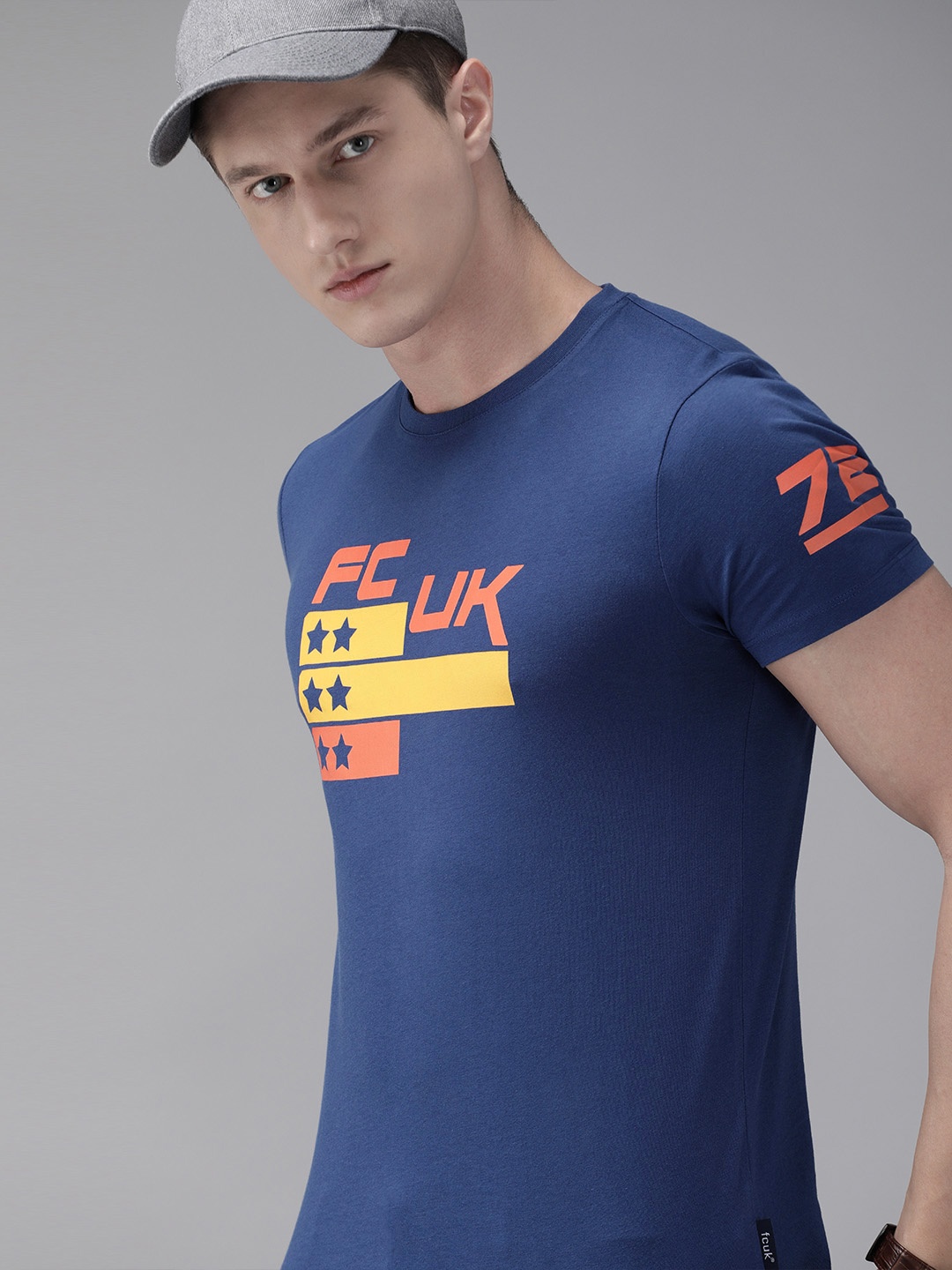 

French Connection Men Blue Orange Printed Round Neck Pure Cotton T-shirt