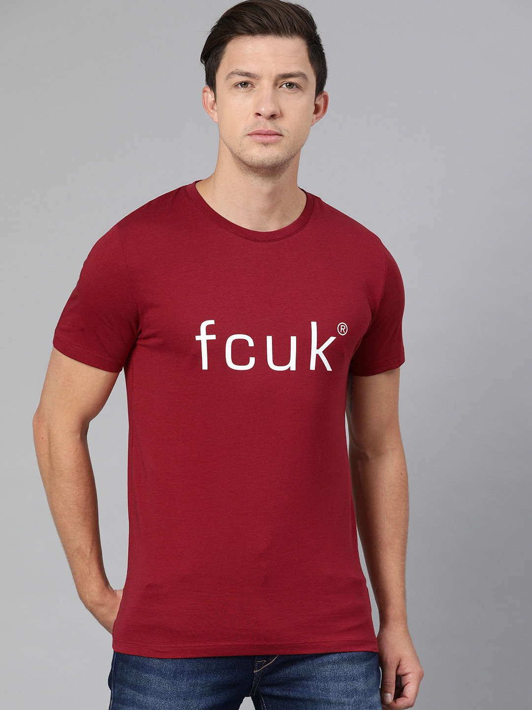 

French Connection Men Red Printed Round Neck Pure Cotton T-shirt
