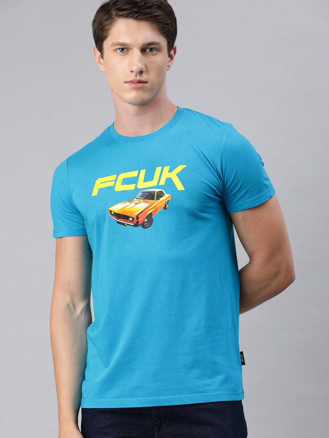 

French Connection Men Blue Slim Fit Printed Round Neck Pure Cotton T-shirt