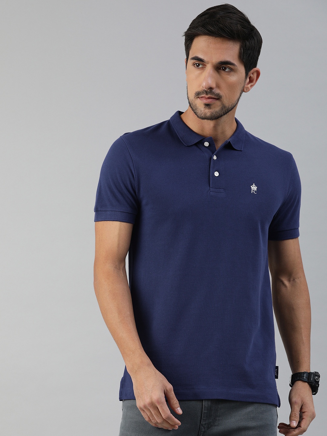 

French Connection Men Navy Blue Slim Fit Solid Polo Collar Pure Cotton T-shirt