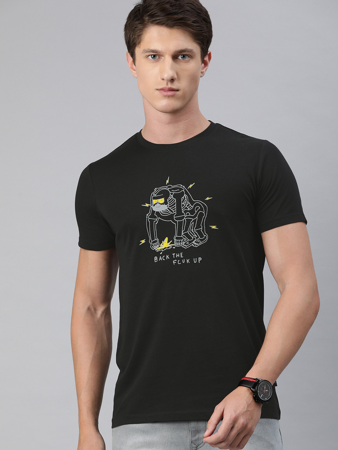 

French Connection Men Black Slim Fit Conversational Printed Round Neck Pure Cotton T-shirt