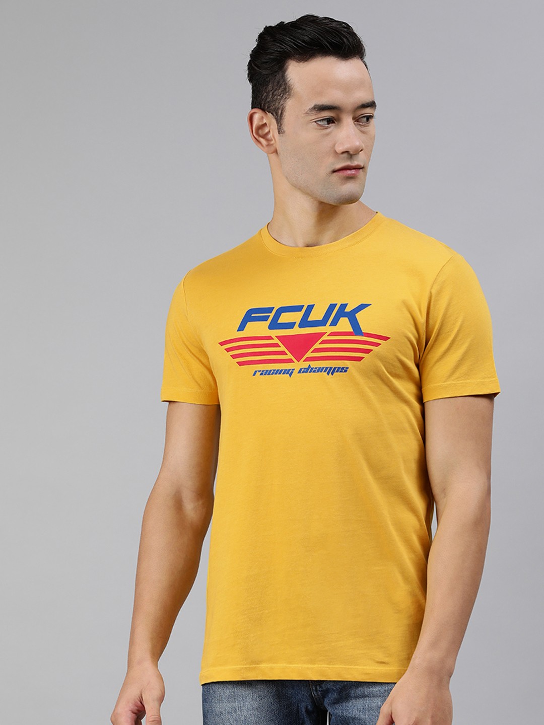

French Connection Men Mustard Yellow Printed Round Neck Pure Cotton T-shirt